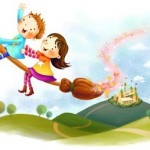 crianças voando na vassoura