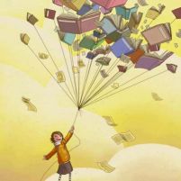 criança voando com livros