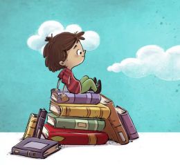criança sentada nos livros